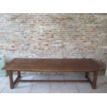 A large oak antique style refectory table, 76cm tall x 305cm x 99cm