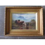 R Watson oil on canvas of a highland scene with cattle to the foreground signed and dated 1891 in