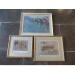 Two John King Limited edition horse racing signed prints and a Degas print, largest 57cm x 73cm, all