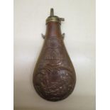 A large copper and brass powder flask entitled Liberty or Death 1836, 22cm long, commemorating the