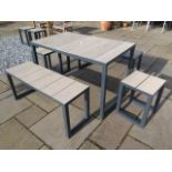 A new commercial quality heavy gauge grey steel and millboard garden/patio table and bench set