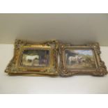 A near pair of modern oil on board farmyard stable scenes in gilt swept frames, largest 23cm x 28cm,