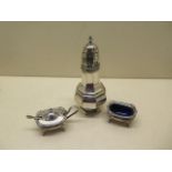 A silver mustard and salt with blue glass liners and a plated Mappin and Webb shaker, 17cm tall,