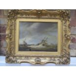 An oil on oak board, Sailing ships in a choppy sea, in a gilt swept frame, unsigned, frame size 45cm