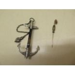 A silver agate Anchor brooch, 9.5cm long, and a 15ct gold pin with base metal clip, generally good