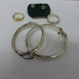 A pair of 10ct emerald earrings, approx 1 gram, a plated dress ring,some plate worn, a silver