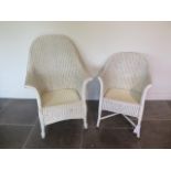 Two repainted Lloyd loom armchairs, some wear consistent with use but both generally good