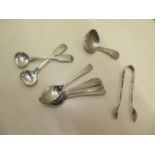 A pair of silver mustard spoons London 1819 Solomon Royes six silver teaspoons, a silver cup James