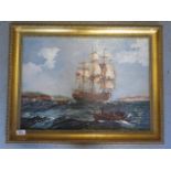 An oil on canvas three mast sailing ship signed GM Campbell 1939, in a gilt frame - frame size