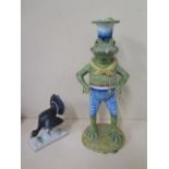 A faience type frog candle stick, 32cm tall, and a Dresden turkey, chips and repair to turkey,