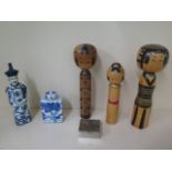 Three Japanese Kokoshi dolls, tallest 37cm, an Oriental blue and white figure, a tea caddy and a