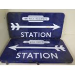 A pair of British Railways Station Arrow signs with arrows left and right, 53cm x 27cm, both