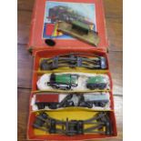 A Hornby 0 gauge tinplate boxed train set with key, loco running with 2 accessories
