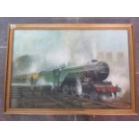 A framed oil on canvas by A Thompson, The Green Arrow L.N.E.R Leaving York Station, inscribed on the