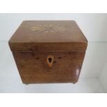 A Georgian mahogany inlaid tea caddy, 12cm tall x 12cm x 10cm, generally good, lock loose and