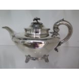 A William IV silver teapot with floral knob and scroll handle, Charles Fox II London 1834, 27cm long