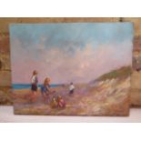 Oil painting, John Rohda, Children on the beach, Norfolk, unframed 36cm x 46cm, in good condition