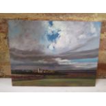 Oil painting, John Rohda, Morton Quay Church, Norfolk, unframed 30cm x 40cm