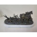 A bronze, horses and plough group, on a white marble base, 27cm x 11cm x 11cm tall, unsigned, in