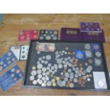 A collection of assorted coins, including 7 boxed sets, an Egyptian ten pound note, part listed-