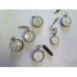 Six silver pocket watches all in need of restoration and a dented silver cheroot case