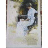 Oil painting, Hunt, a lady artist, unframed 76cm x 41cm in good condition
