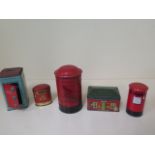 Five money box tins including Sharps Super Kreem toffee, some wear but reasonably good, key