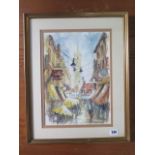 A watercolour of a street scene, signed Ben Maile, in a gilt frame, size 51cm x 40cm, in good