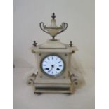 An alabaster striking mantle clock, 30cm tall, reasonably good condition, presented by the