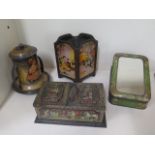 A 1908 Macfarlane Lang and Co biscuit tin, tin forms a two handled vase and has two pictures derived