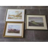 A signed Ashley Jackson print of Tan Hill, 62cm x 77cm, a highland cattle print and a watercolour of