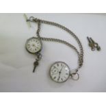 A silver key wind pocket watch on chain, 4.5cm wide, not running, catch loose, and a smaller watch