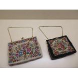 Two petit point opera bags, 15 x 20cm and 16 x14cm, larger one has stains otherwise both generally