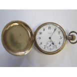 An Elgin full hunter pocket watch in original Dennison gold plated case, watch diameter 5cm, good