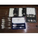 A collection of silver flatware, four boxed sets and eight loose pieces and a plated salt spoon,