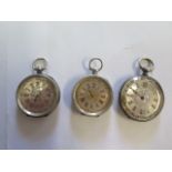 Three silver pocket watches with silver gilt dials, largest 4cm, all require attention