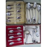 Two boxed sets of silver teaspoons and other silver flatware including wishbone nips, total weight