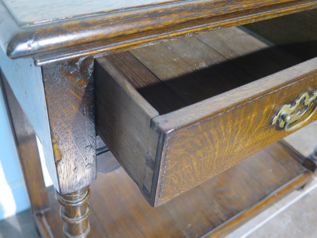 A 19th century oak side table with two drawers and an undertier, 84cm tall x 97cm x 41cm, with - Image 4 of 4