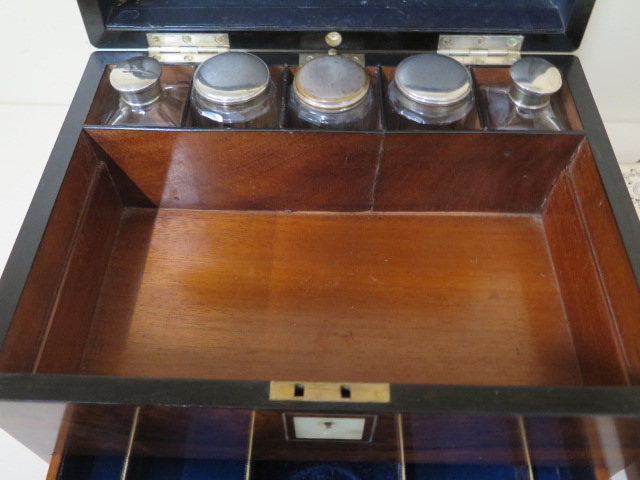 A Victorian walnut travel box with a fitted interior containing nine bottles and tidies with - Image 2 of 8