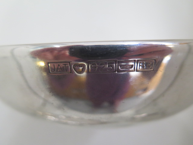 A sterling silver bowl with blue enamel interior marked JAT 925 B8, 5cm tall x 16cm diameter, - Image 2 of 5