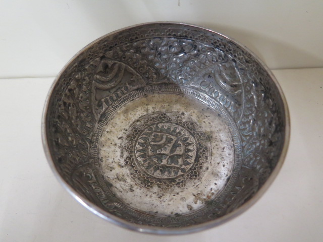 An Eastern embossed white metal bowl, 5.5cm tall x 11.5cm diameter, generally good condition, approx - Image 3 of 4
