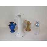 A royal cauldron jug, a torquay ware vase, a ceramic candlestick, 33cm tall, and a cut glass