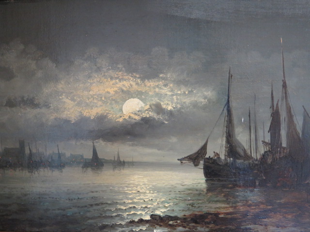 William Anslow Thornley 1858-1898 oil on canvas moored fishing boats in moonlight, frame size 30cm x - Image 3 of 6