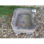 A red sandstone one piece carved sink, ideal water feature or planter, 21cm tall x 52cm x 41cm