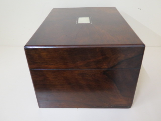 A Victorian walnut travel box with a fitted interior containing nine bottles and tidies with - Image 6 of 8