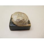 A carved jade turtle on a square base, 3.5cm tall x 5cm x 5cm, signed to base, large chip to one