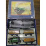 A boxed Hornby 0 gauge number 101 tank passenger clockwork train set, some wear but running with key