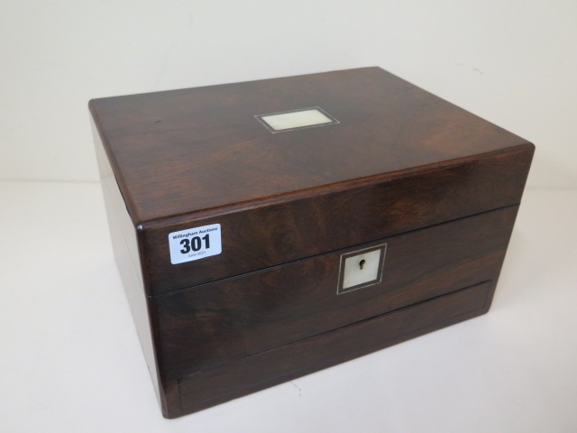 A Victorian walnut travel box with a fitted interior containing nine bottles and tidies with - Image 5 of 8