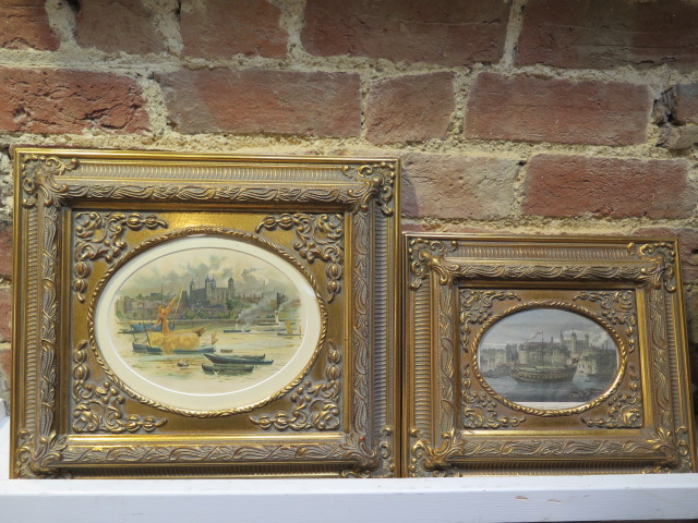 Two modern gilt frames with scenes of The Tower of London, frame sizes 36cm x 41cm and 28cm x 33cm