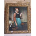An oil on board of a Russian peasant girl, unsigned, in an ornate gilt frame, 79cm x 64cm, in good